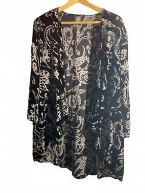 Cocoon House Silk Burnout Black/White Botanical  Art Open Kimono L/XL